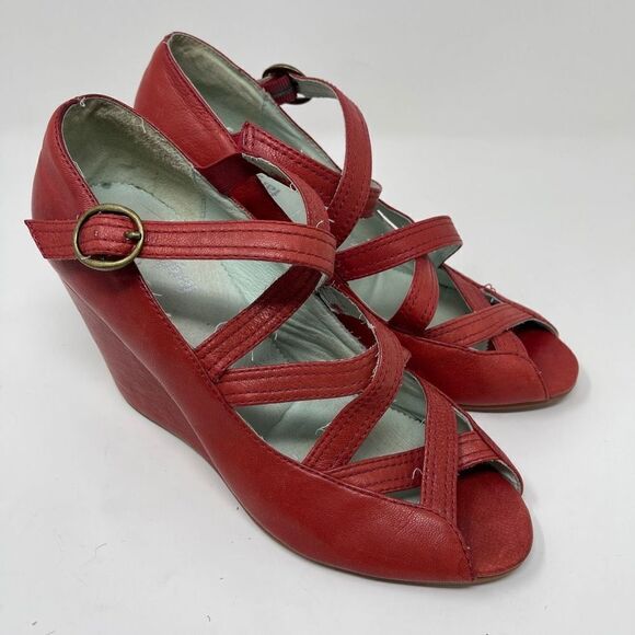 Anthropologie FARYL ROBIN Womens Sandals Wedges Peep Toe Strappy Red US 10 - Picture 1 of 9